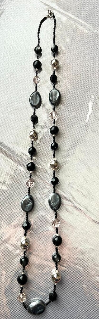 Vintage Multi Faceted Gray Blue Silver Glass Bead 18" Necklace Single Strand